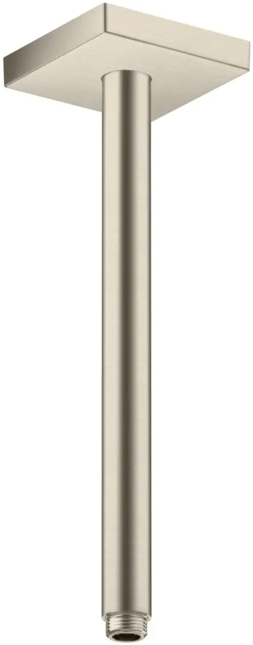 Deckenanschluss von AXOR mit quadratischem Kopf und zylindrischem Rohr in gebürstetem Nickel, geeignet zur Installation von Duschsystemen.